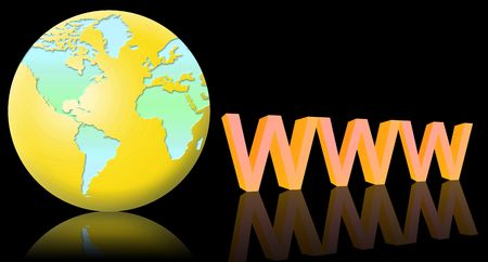www and the world globe. black background and reflectionの写真素材