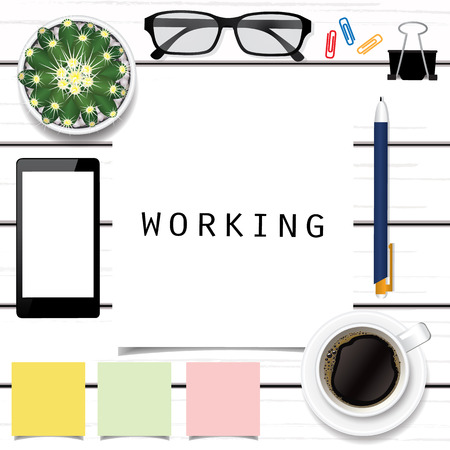 Work space on white wood table vector illustrationのイラスト素材