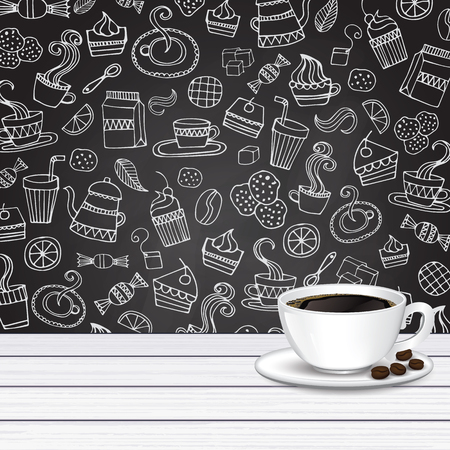 Coffee cup , beans on white wood desk for product placement , hand draw black board background vector illustrationのイラスト素材