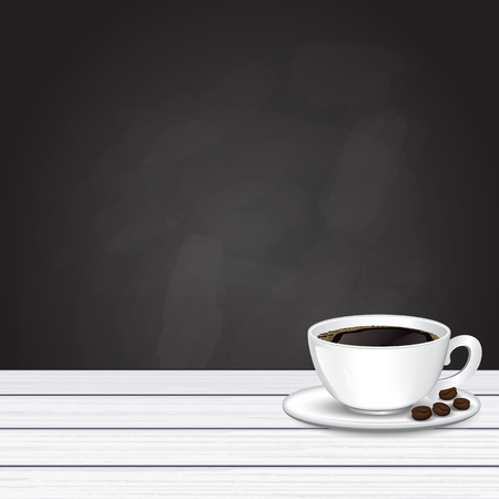 coffee cup, beans on white wood desk for product placement, black board background vector illustrationのイラスト素材