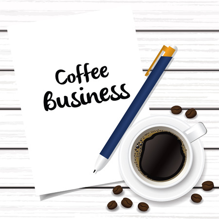 cup of coffee, coffee beans, pen, and note on white wood vector illustrationのイラスト素材