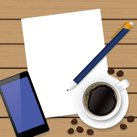 cup of coffee, coffee beans, phone, pen, and note on brown wood vector illustrationのイラスト素材