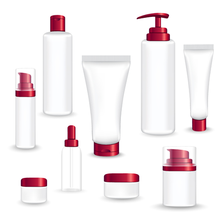 Set red packages for face and body cosmetic. lotion, serum, oil, tube, shampoo, cream bottles vector illustrationのイラスト素材