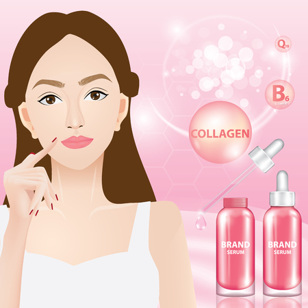 Pink collagen skin care serum and woman vector illustrationのイラスト素材