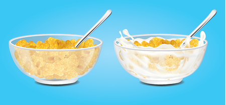 Corn flakes, cereal and milk splash in bowl vector illustrationのイラスト素材