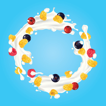 Corn flakes, cereal, berry and milk splash vector illustrationのイラスト素材