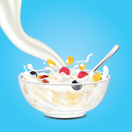 Corn flakes, cereal, berry and milk splash in bowl vector illustrationのイラスト素材