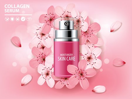 Sukura , cherry blossom collagen vitamin skin care cream , serum banner vector illustrationのイラスト素材