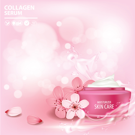 Cherry blossom collagen vitamin skin care cream, serum banner vector illustrationのイラスト素材