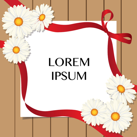 white gerbera daisy flower , ribbon , and note on wood background vector illustrationのイラスト素材