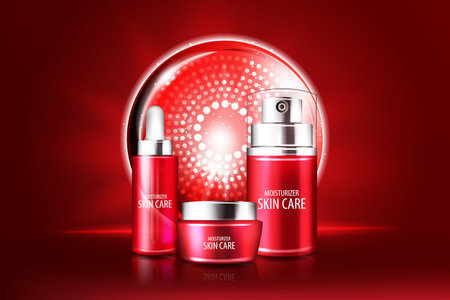 Red cosmetics  skin care cream, serum banner vector illustrationのイラスト素材