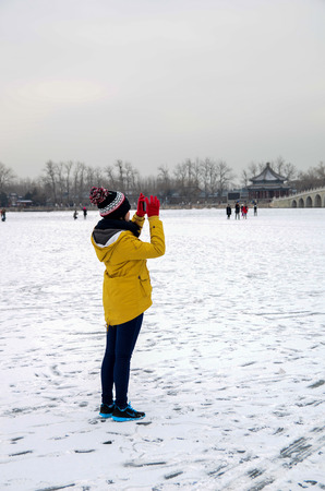 Snow photos on female touristsのeditorial素材