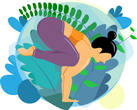 Illustration of a woman practicing yoga on a background of leaves.のイラスト素材