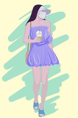 Walking beauty with suspender skirt, sun hat and milk tea in hand, vector illustrationのイラスト素材