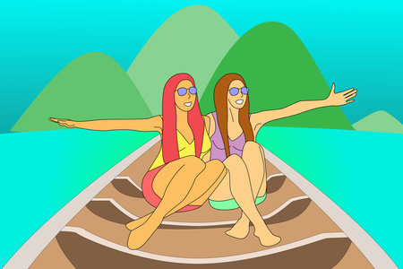 Two girls sitting on the rowing boat, vector illustration, EPS10のイラスト素材
