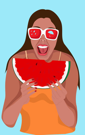 Funny woman with a slice of watermelon. Vector illustration.のイラスト素材