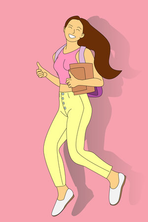 Vector illustration of a happy young woman with backpack and showing thumbs upのイラスト素材