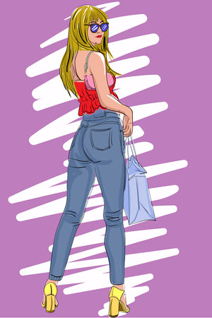 Fashion girl with shopping bags. Vector illustration in sketch style.のイラスト素材