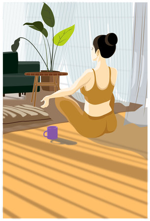 illustration of a girl doing yoga in the living room at homeのイラスト素材