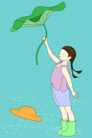 Girl with a big green leaf in the rain. Vector illustration.のイラスト素材