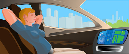 Illustration of a man sleeping in a car. Vector illustration.のイラスト素材