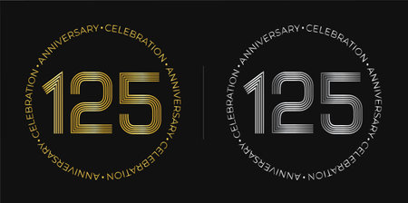 125th birthday. One hundred and twenty-five years anniversary celebration banner in golden and silver colors. Circular logo with original numbers design in elegant lines.のイラスト素材