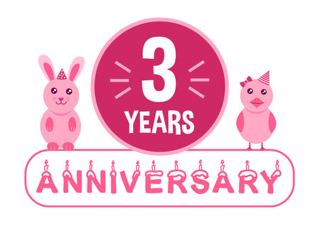 3rd birthday. Three years anniversary celebration banner with pink animals theme for kids.のイラスト素材