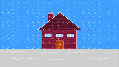 Brick house with chimney in the snow in winter day. Vector illustration.のイラスト素材
