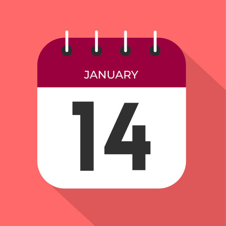 Calendar day 14. Number fourteen on a white paper with wine color border on pink background vector.のイラスト素材