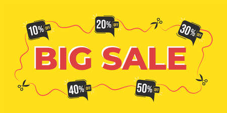 Design of yellow banner with discount tags and special offers for big sale. Balloons with 10, 20, 30, 40 and 50% off.のイラスト素材