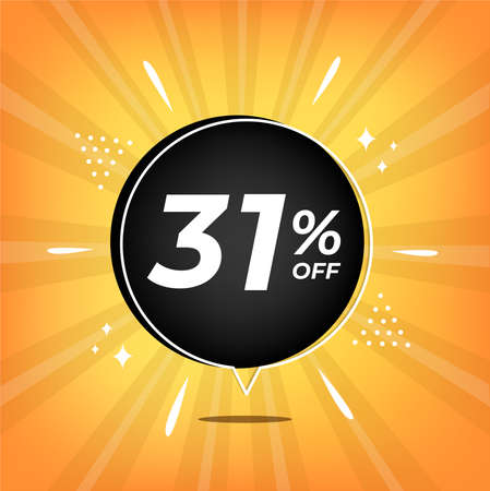 31% off. Yellow banner with thirty-one percent discount on a black balloon for mega big sales.のイラスト素材