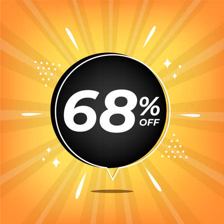 68% off. Yellow banner with sixty-eight percent discount on a black balloon for mega big sales.のイラスト素材
