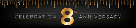 8th anniversary. Eight years birthday celebration horizontal banner with bright golden color.のイラスト素材