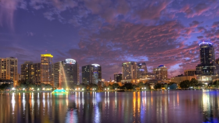 HDR image of orlando skyline with lake eola in foregroundのeditorial素材