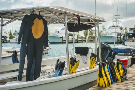 dive boat at dock in Cat Island Bahamasのeditorial素材