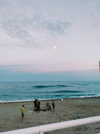 Barcelona Spain, night and day time city views of Barceloneta and illustrations