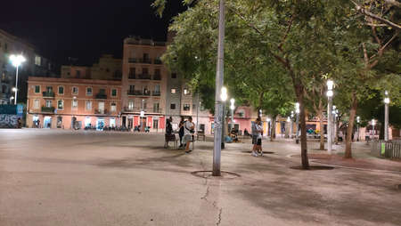 Barcelona Spain, night and day time city views of Barceloneta and illustrationsの写真素材