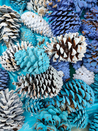 Pine cones as a background, top view. Christmas background.