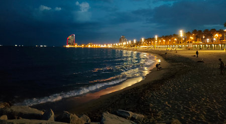 Beach in Barcelona at night, Catalonia, Spainの写真素材