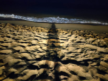 Silhouette of a man walking on the beach at night.の写真素材