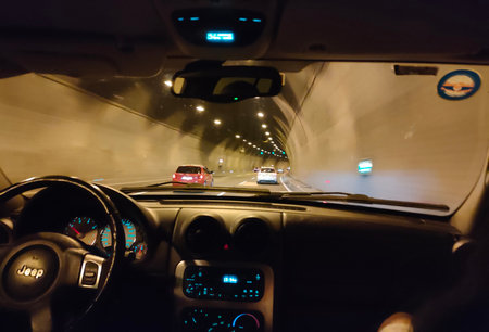 View from inside of a car on the road with motion blur.の写真素材