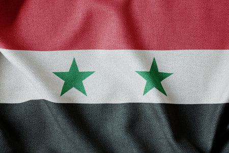 Closeup of Ruffled Syria Flag, Syria Flag Blowing in Windの写真素材