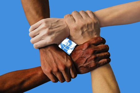 united nations flag, intergration of a multicultural group of young peopleの写真素材