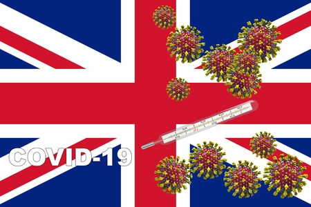 3D illustration, Corona virus, covid-19 with clinical thermometer on a UK flag.