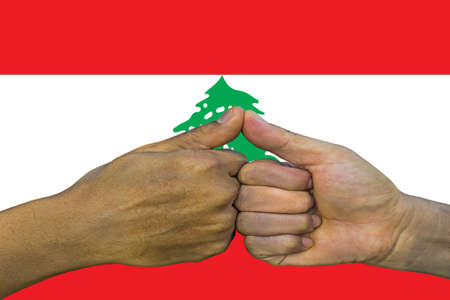 Flag of Lebanon, integration of a multicultural group of young people.の写真素材