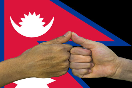 Flag of Nepal, integration of a multicultural group of young people.の写真素材