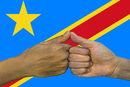 Flag of the Democratic Republic of the Congo, integration of a multicultural group of young people.の写真素材