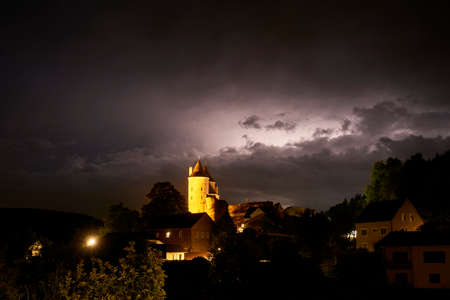 Thunderstorm at the end of the EIFEL Brass Festival at the Bertradaburg in M rlenbach in the Night.の写真素材