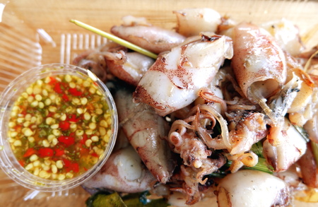 Fried squid with spice herb and spicy sauce