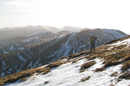 Ranger. Lonely ascent on the mount. Autumnal hike in the Carpathian mountains.の写真素材